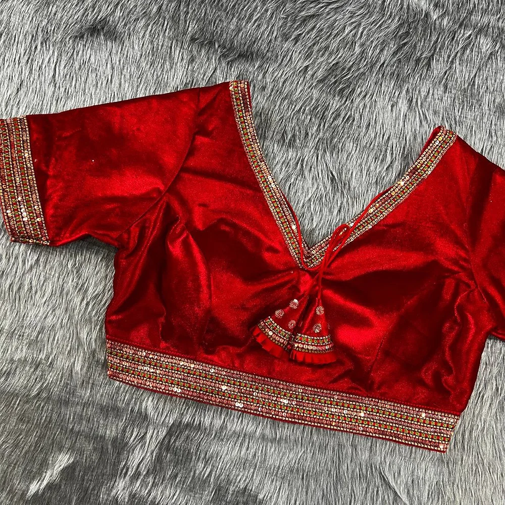 Red velvet heavy embroidery bridal wedding blouse — view 1
