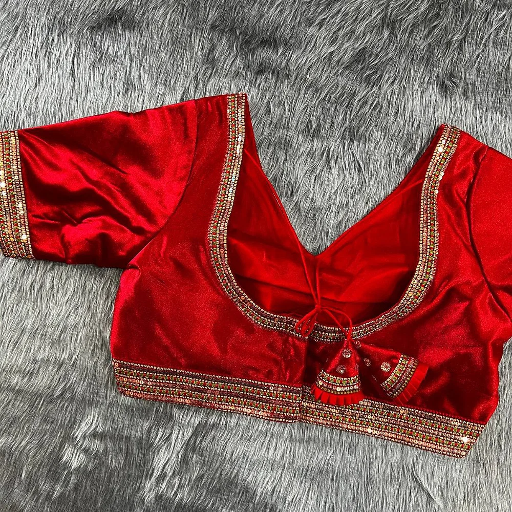 Red velvet heavy embroidery bridal wedding blouse — view 2