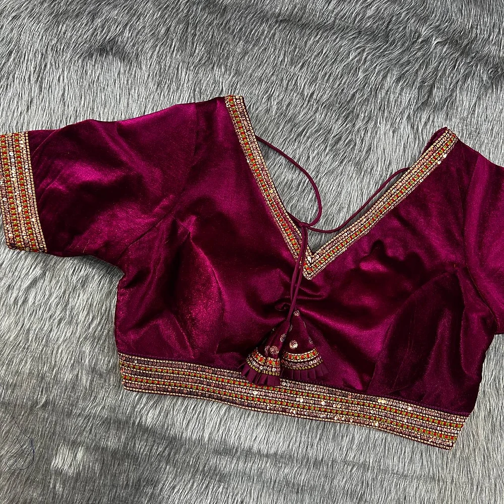 Pink color velvet heavy embroidery bridal wedding blouse — view 1