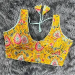 Yellow Color Floral Digital Print With Aari Work Silk Blouse