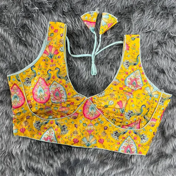 Yellow Color Floral Digital Print With Aari Work Silk Blouse
