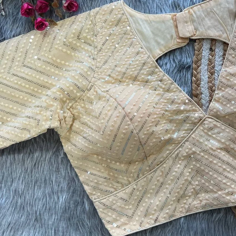 Cream Color Deep Neck Partywear Blouse with Stunning Embroidery & Sequence Work — view 2