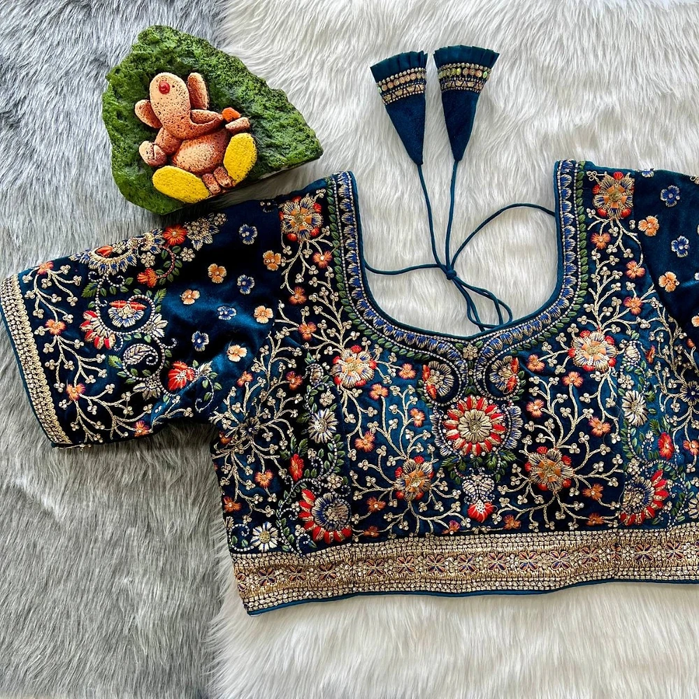 Blue Color Heavy Velvet Real Diamond Work Blouse — view 1