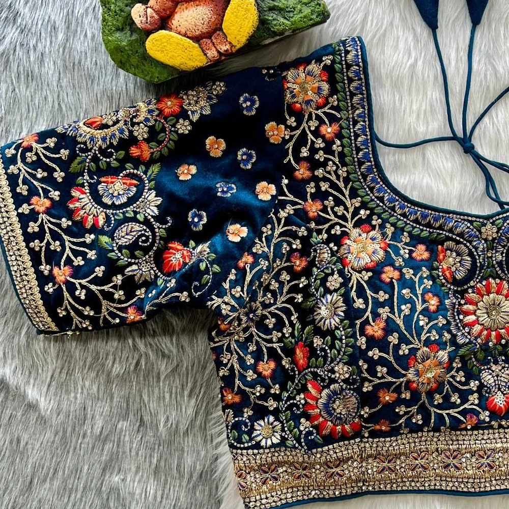 Blue Color Heavy Velvet Real Diamond Work Blouse — view 2