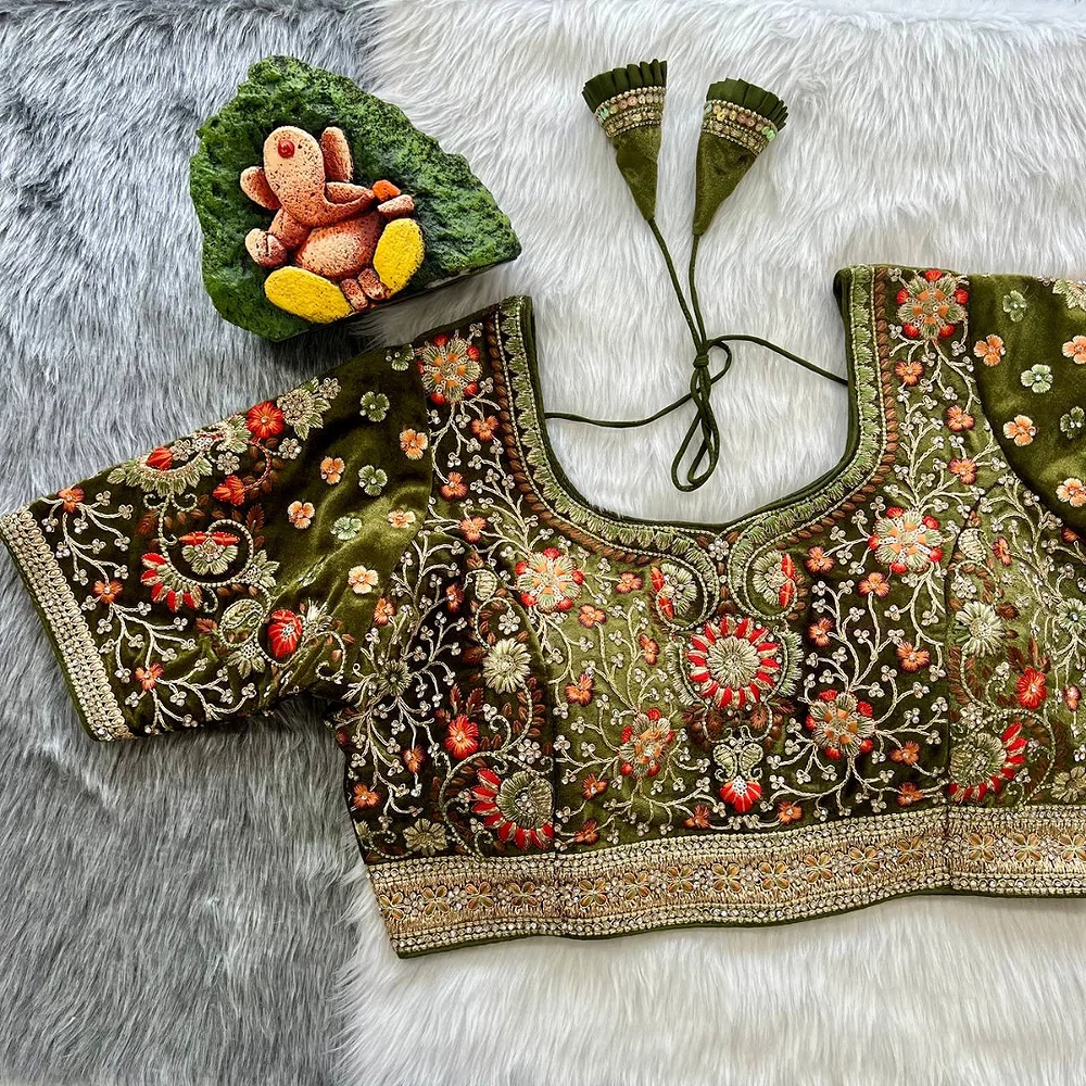 Olive Green Color Heavy Velvet Real Diamond Work Blouse — view 1