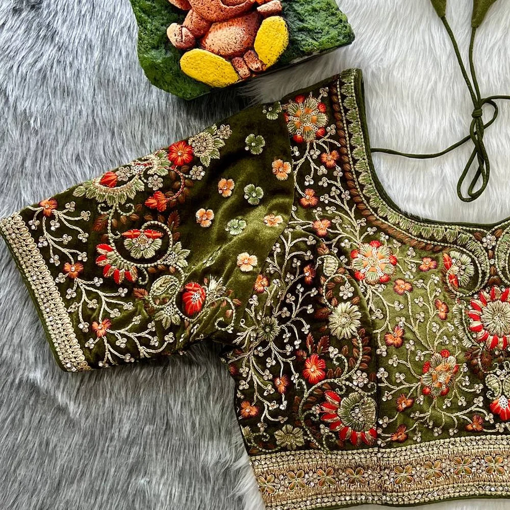 Olive Green Color Heavy Velvet Real Diamond Work Blouse — view 2