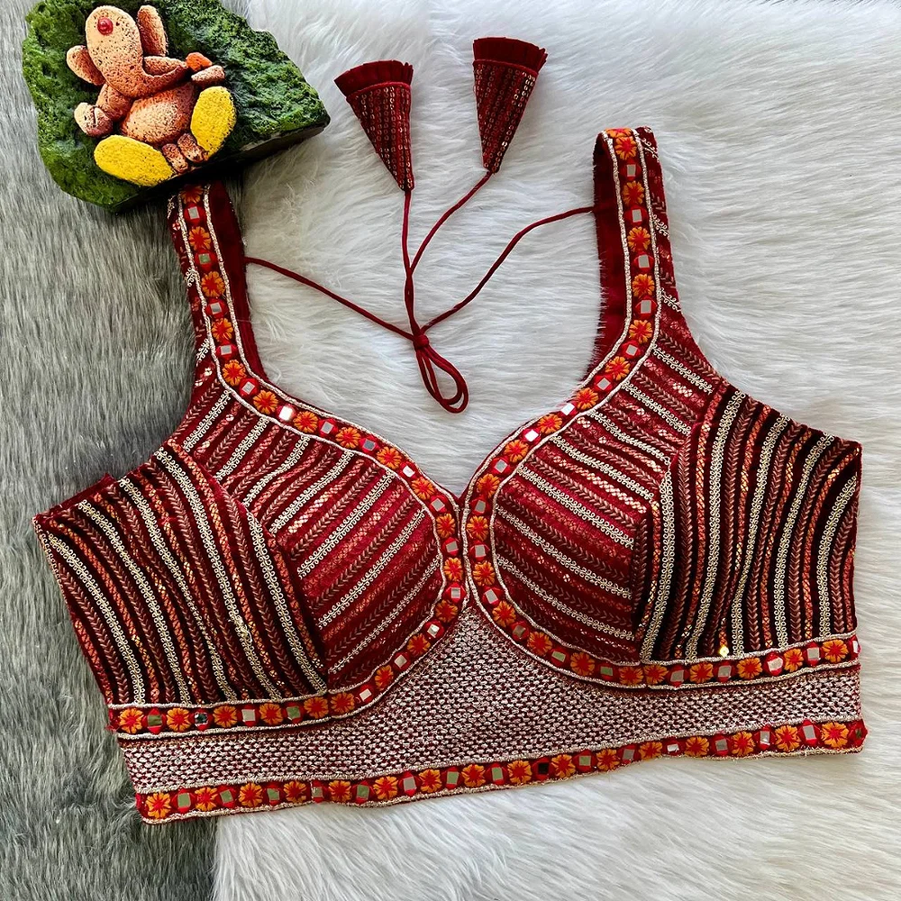 Dark Red Color Heavy Velvet Work Blouse with Exquisite Embroidery — view 1