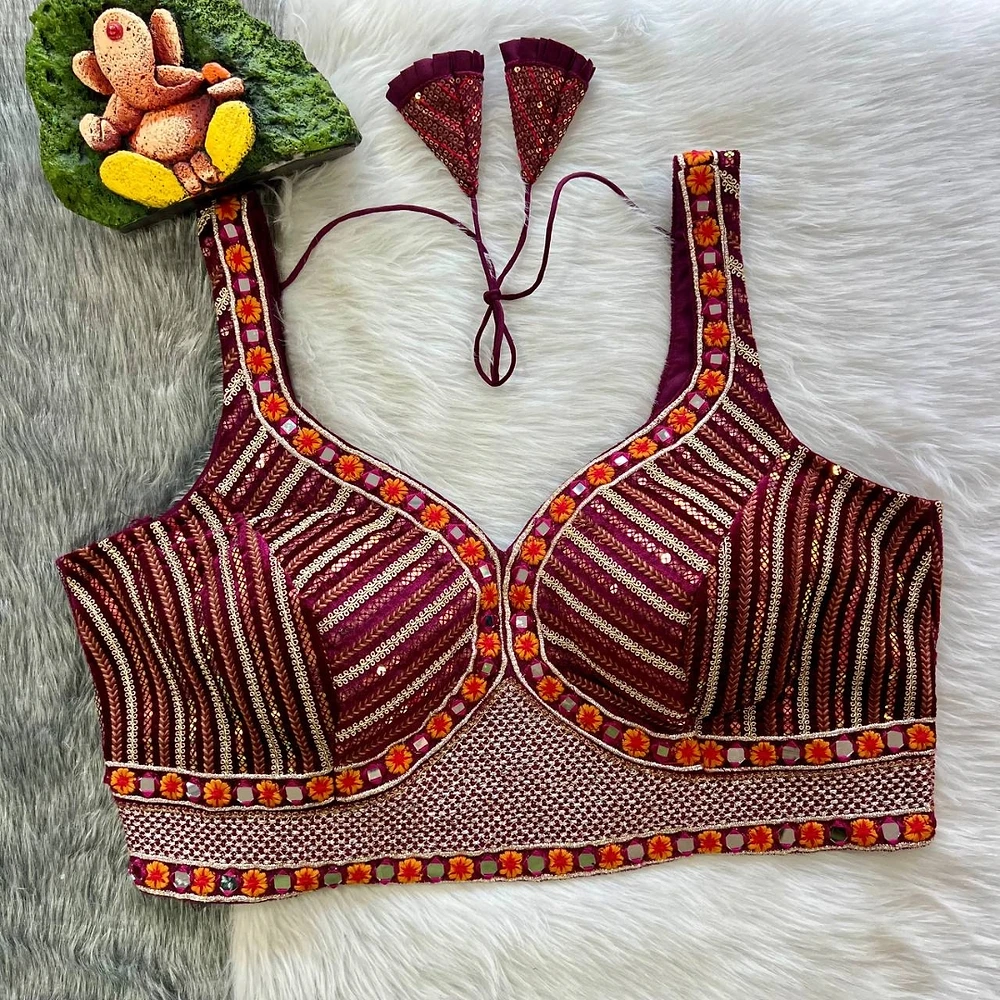 Maroon Color Heavy Velvet Work Blouse with Exquisite Embroidery — view 1