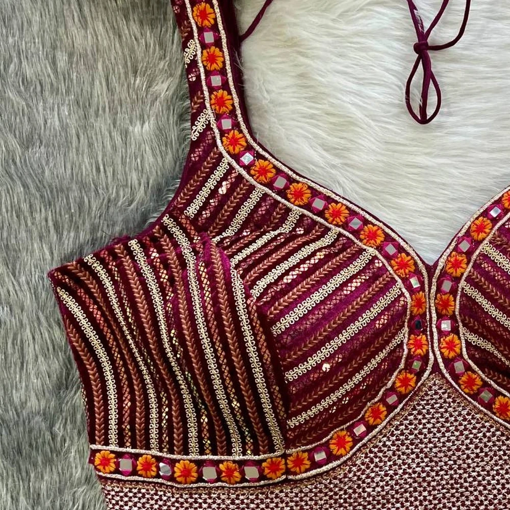 Maroon Color Heavy Velvet Work Blouse with Exquisite Embroidery — view 2