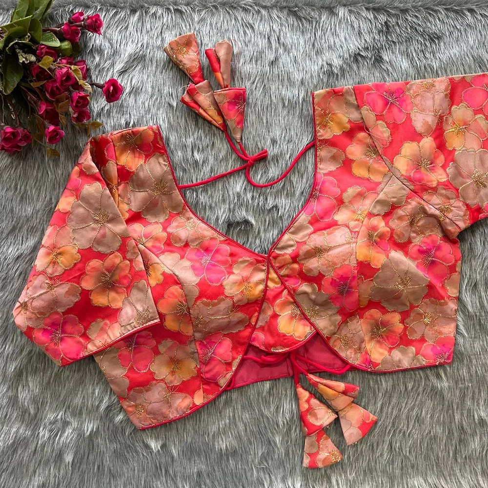 Red Color Heavy Embroidery Malai Silk Partywear Blouse with Stunning Back Open Design — view 1