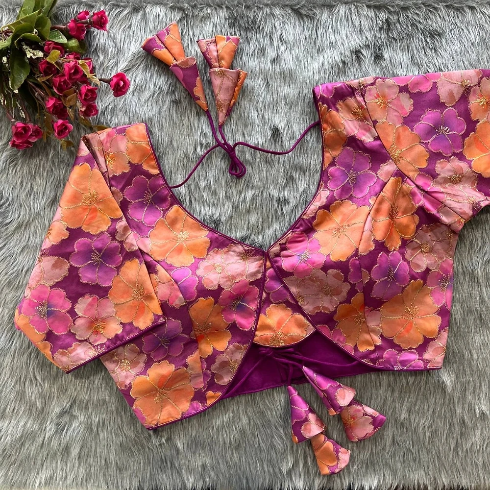 Purple Color Heavy Embroidery Malai Silk Partywear Blouse with Stunning Back Open Design — view 1