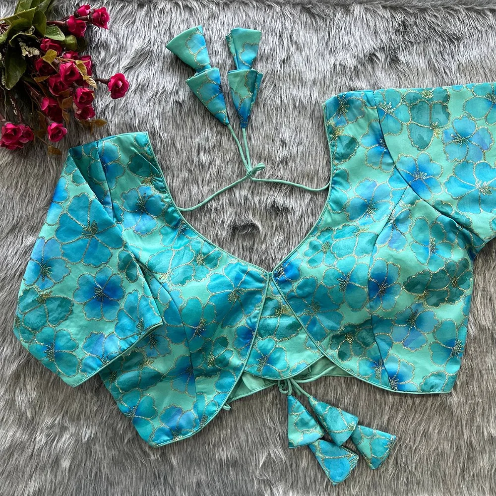 Light Blue Color Heavy Embroidery Malai Silk Partywear Blouse with Stunning Back Open Design — view 1