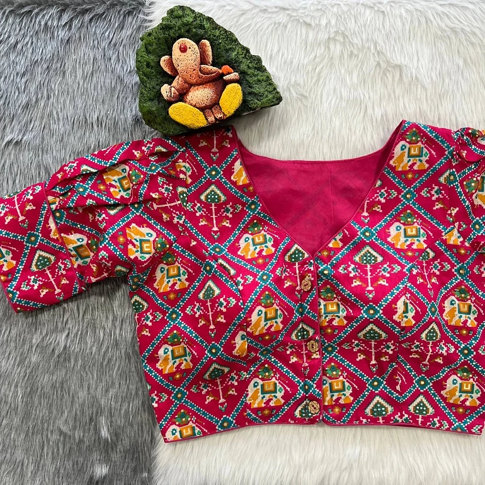 Pink Puff Sleeve Patola Print Cotton Blouse — view 1