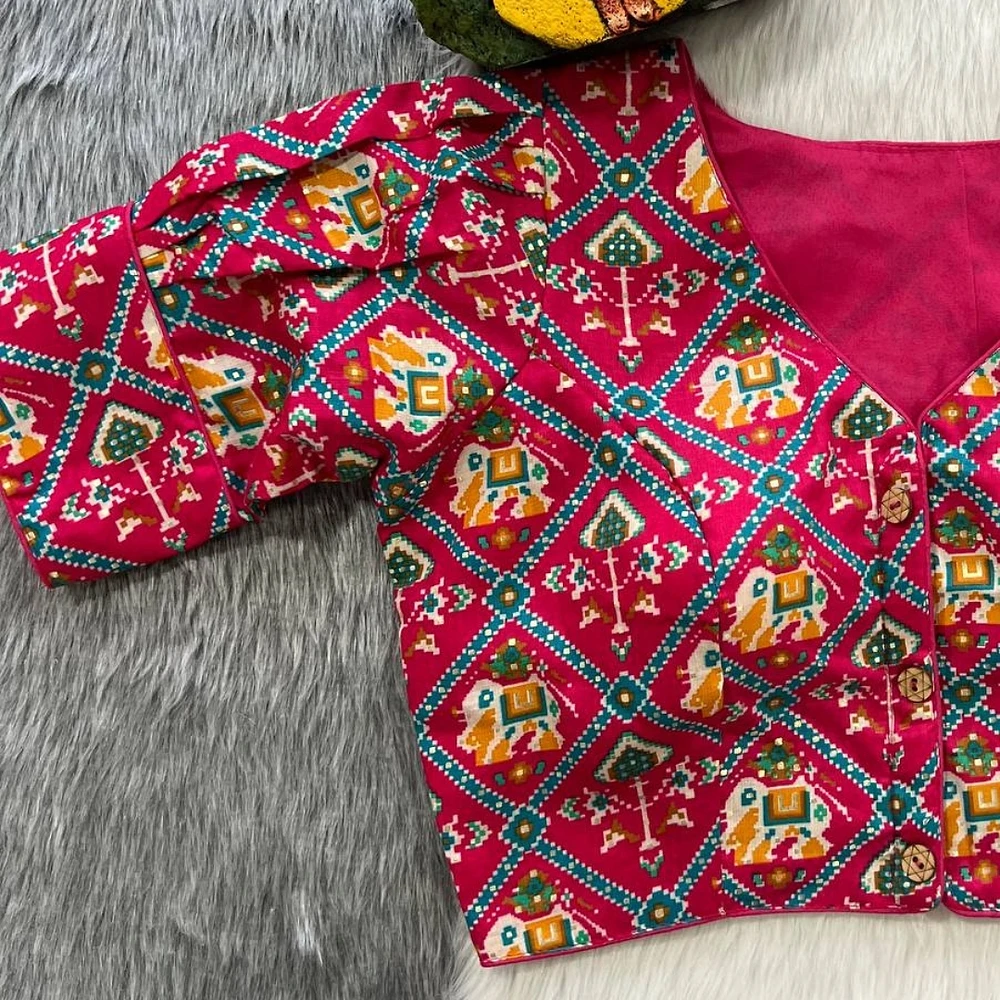 Pink Puff Sleeve Patola Print Cotton Blouse — view 2