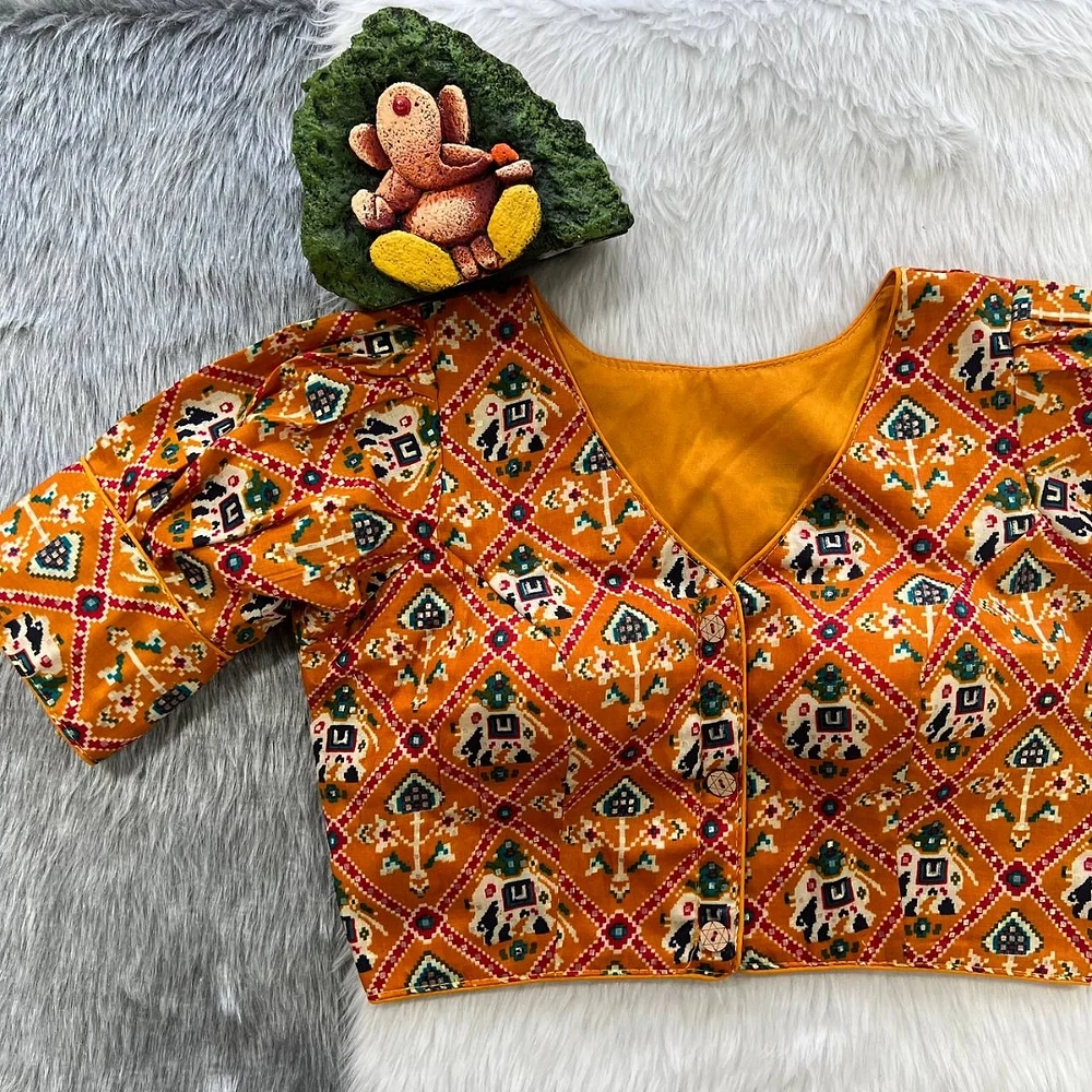 Orange Puff Sleeve Patola Print Cotton Blouse — view 1