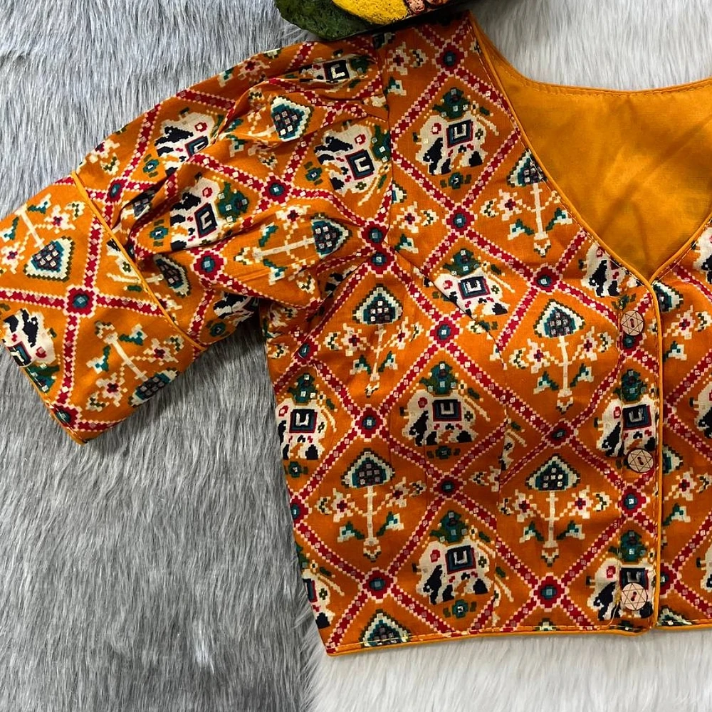 Orange Puff Sleeve Patola Print Cotton Blouse — view 2
