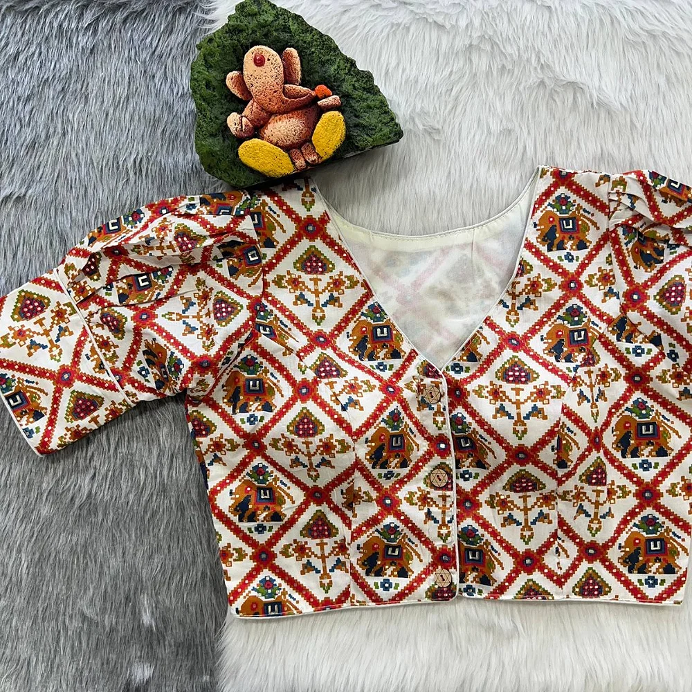 Off White Puff Sleeve Patola Print Cotton Blouse — view 1