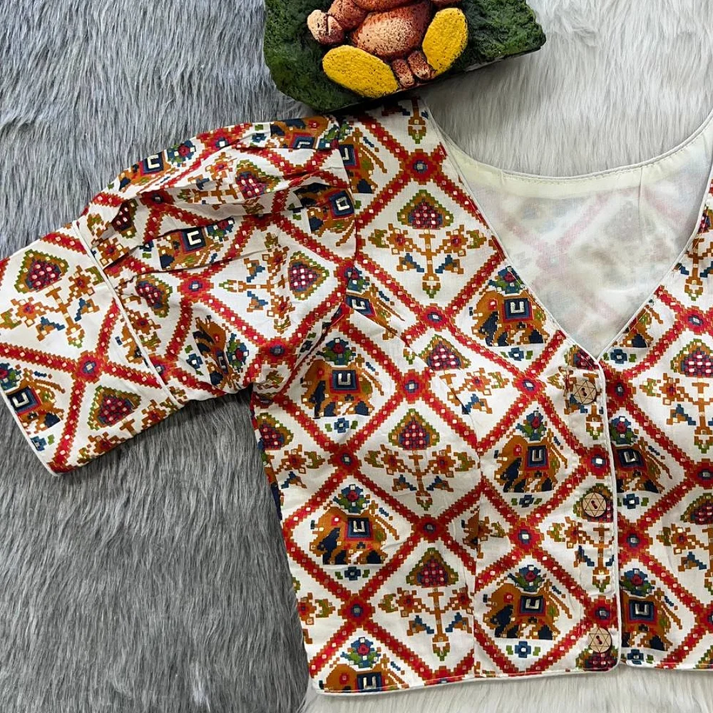 Off White Puff Sleeve Patola Print Cotton Blouse — view 2
