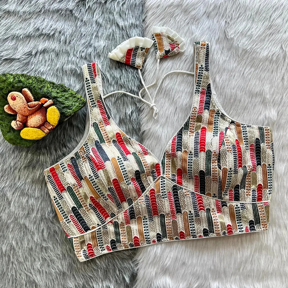 White Georgette Embroidered Blouse with Emboss Print — view 1