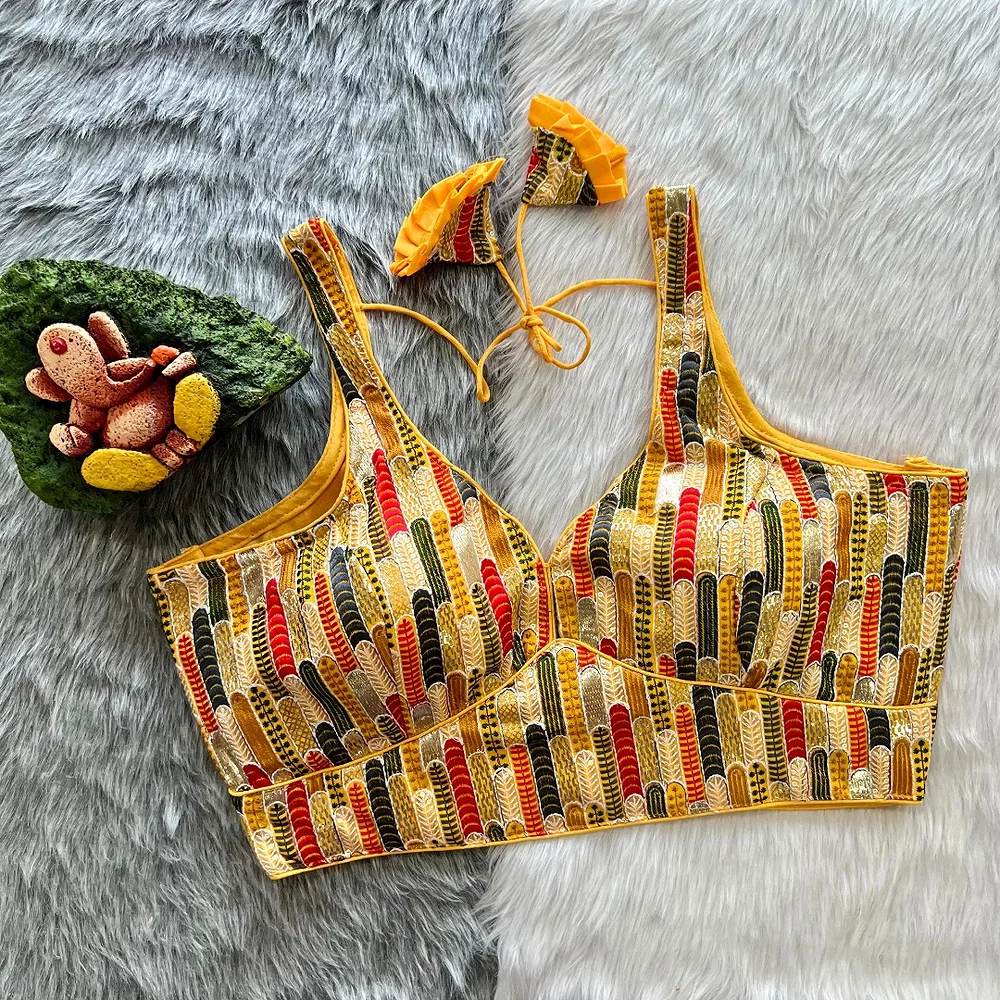 Yellow Georgette Embroidered Blouse with Emboss Print — view 1