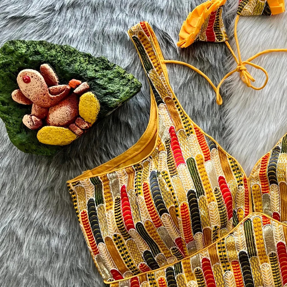Yellow Georgette Embroidered Blouse with Emboss Print — view 2