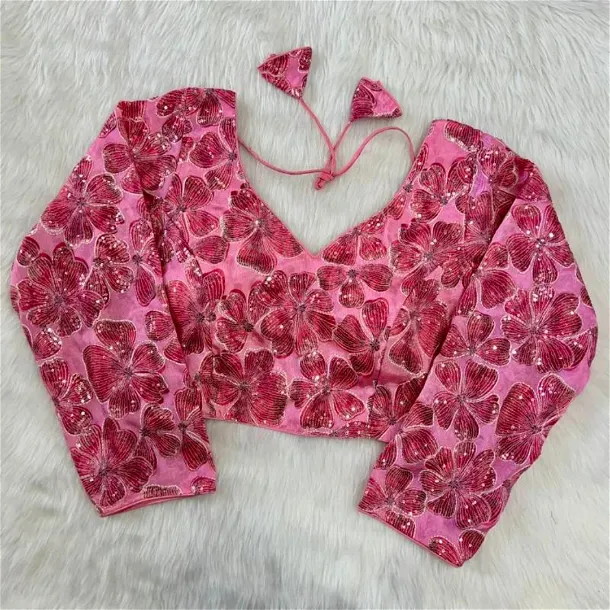 Pink Color Pure Chinon Position Print Blouse with Open-Back Design
