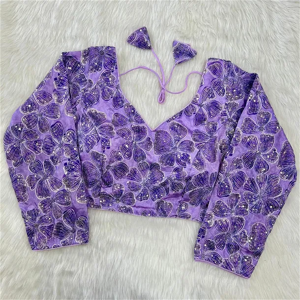Lavender Color Pure Chinon Position Print Blouse with Open-Back Design