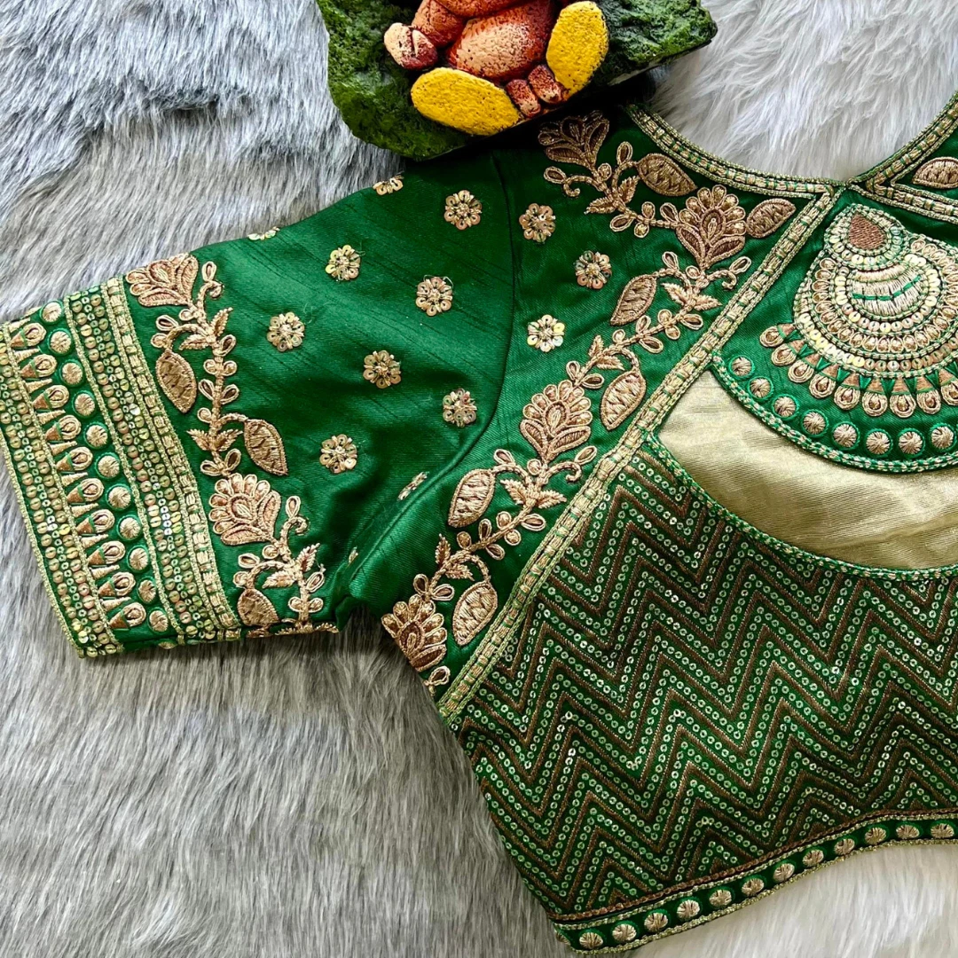 Green Color Gold Jari & Rainbow Embroidery Wedding Blouse