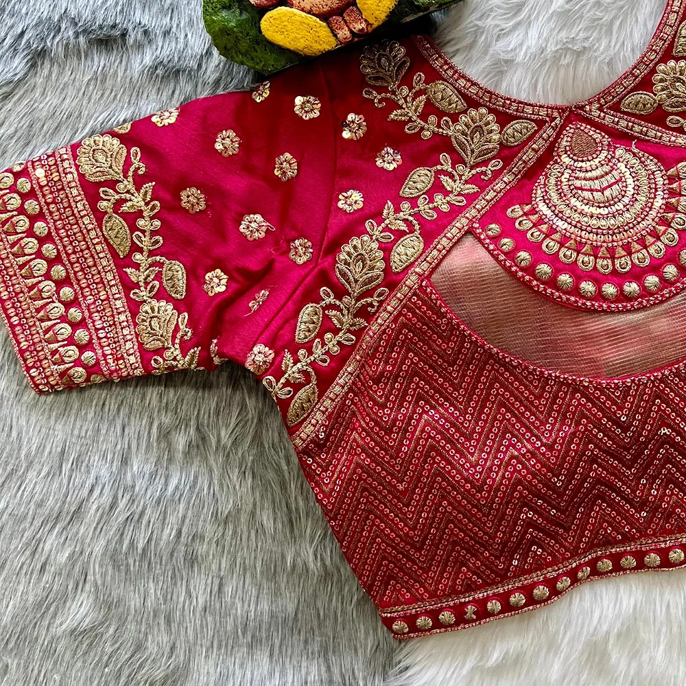 Rani Pink Color Gold Jari & Rainbow Embroidery Wedding Blouse — view 2
