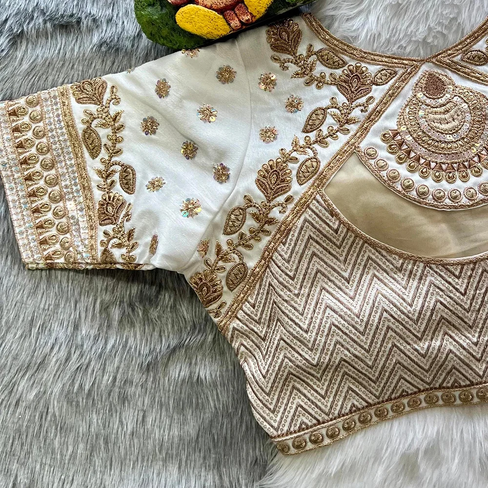 White Color Gold Jari & Rainbow Embroidery Wedding Blouse — view 2