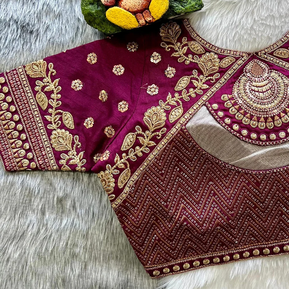 Wine Color Gold Jari & Rainbow Embroidery Wedding Blouse — view 2