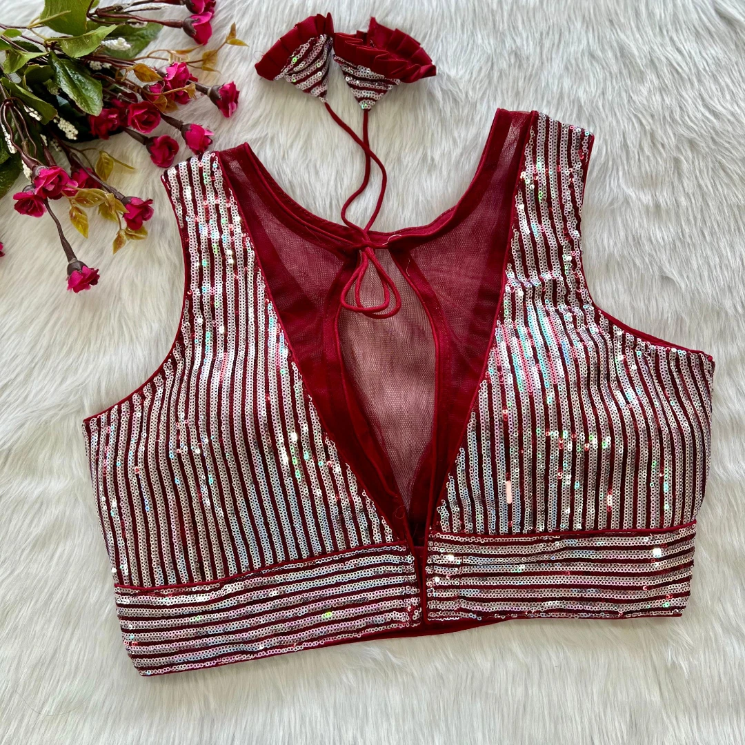 Maroon Color Heavy Imported Net Deep Neck Partywear Blouse