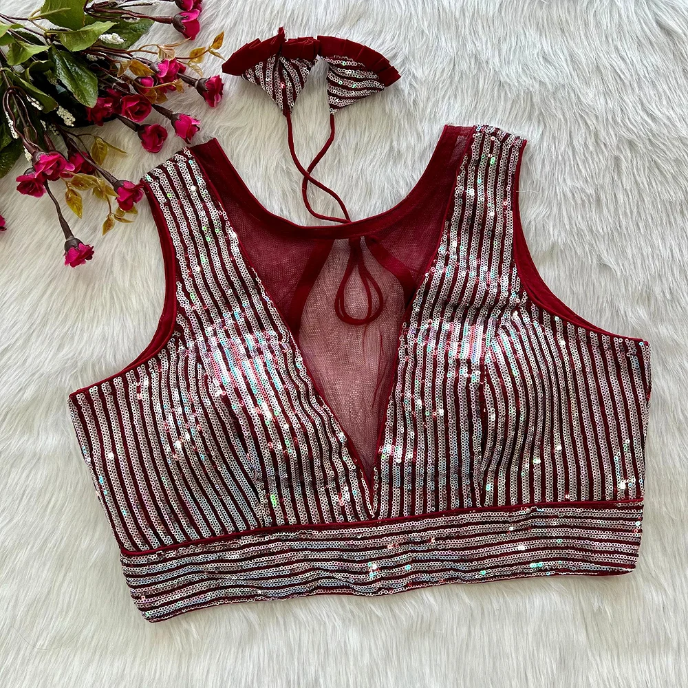 Wine Color Heavy Imported Net Deep Neck Partywear Blouse — view 1