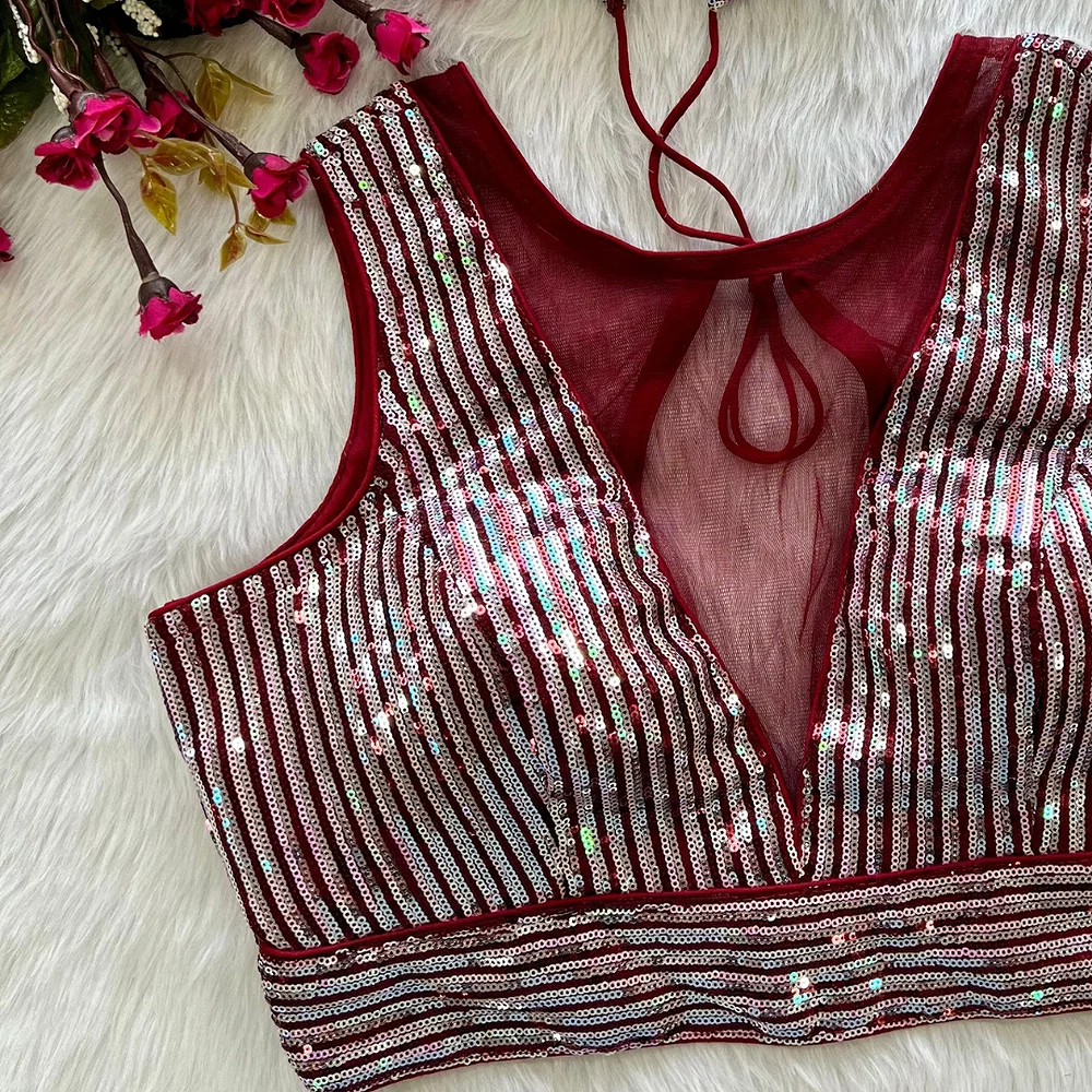 Wine Color Heavy Imported Net Deep Neck Partywear Blouse — view 2