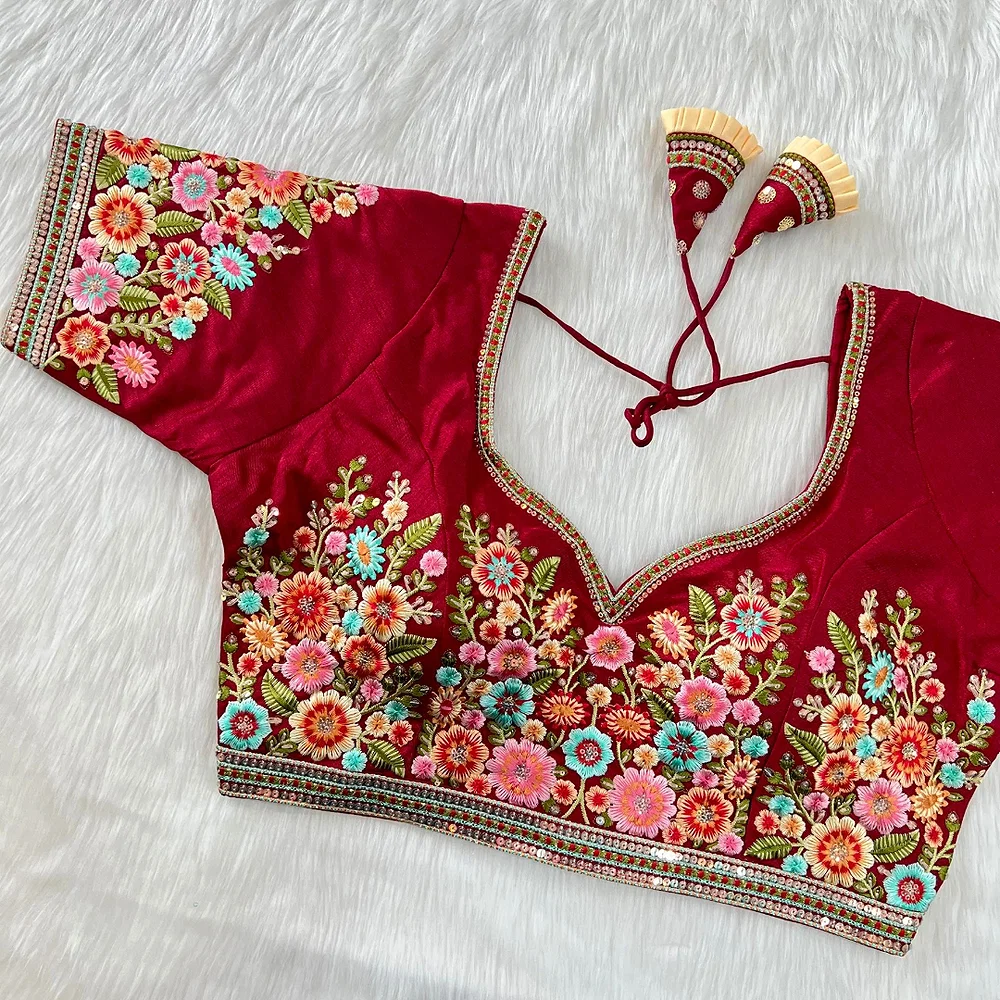 Maroon Color Navratri Special Nidal Multi Work Blouse in Heavy Timo Silk — view 1