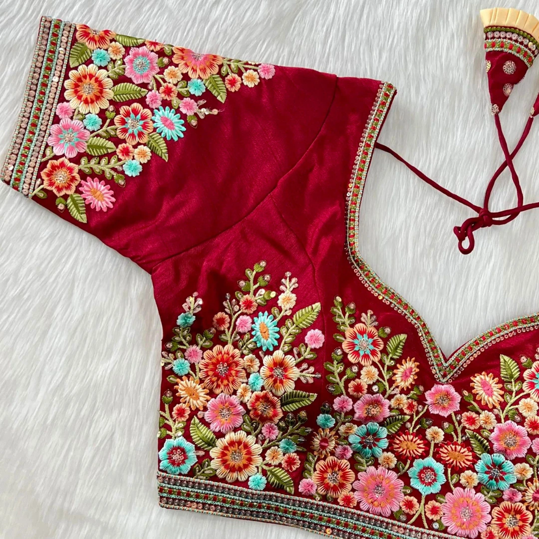 Maroon Color Navratri Special Nidal Multi Work Blouse in Heavy Timo Silk
