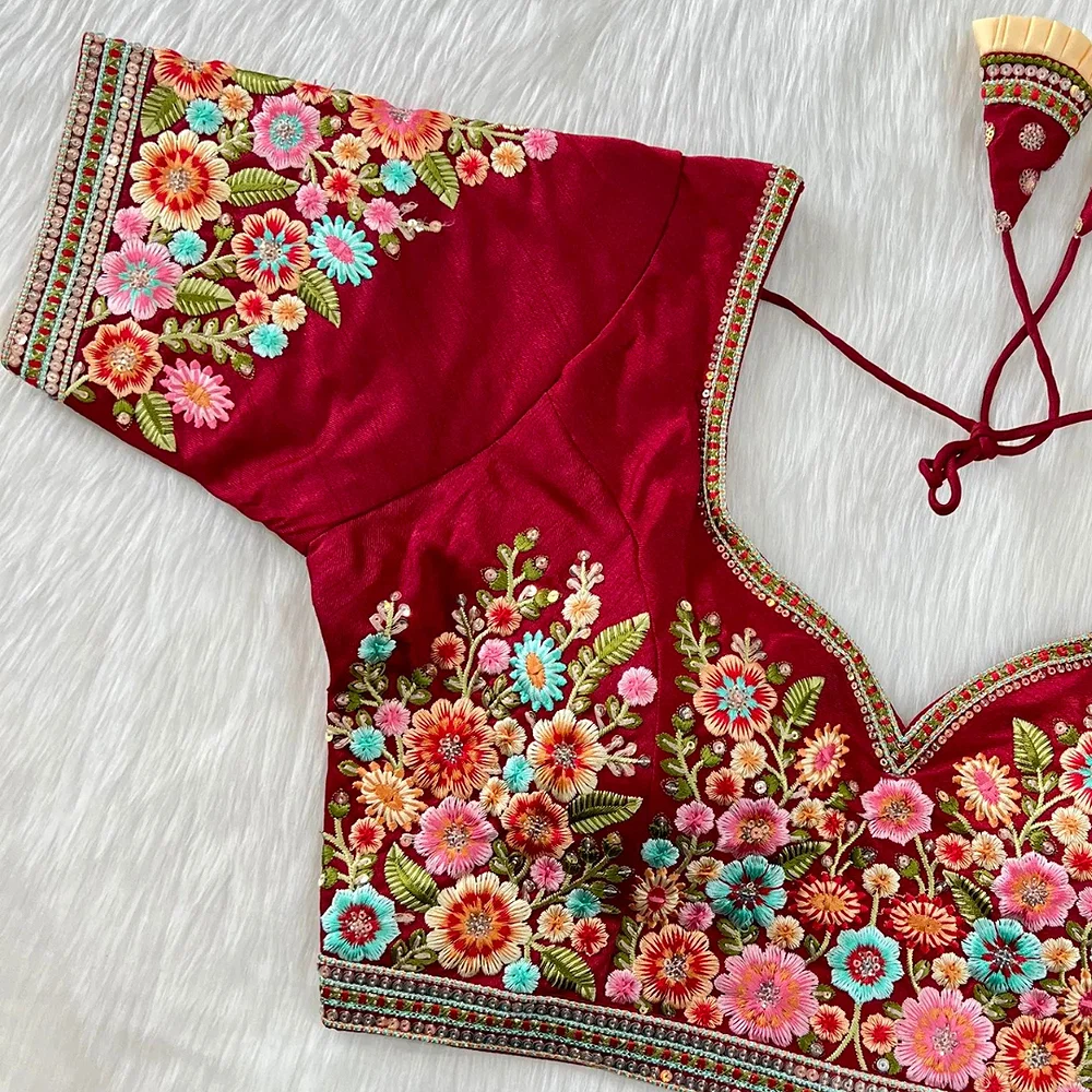 Maroon Color Navratri Special Nidal Multi Work Blouse in Heavy Timo Silk — view 2