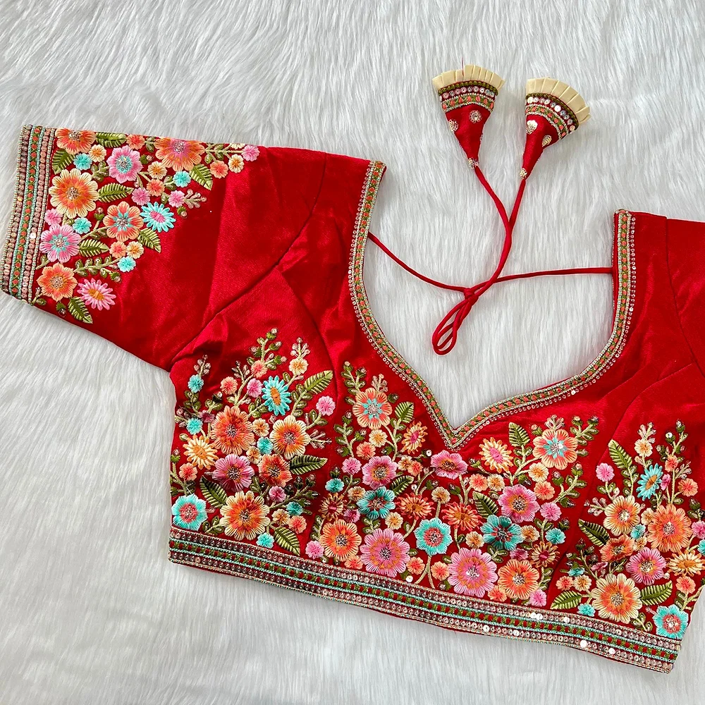 Red Color Navratri Special Nidal Multi Work Blouse in Heavy Timo Silk — view 1