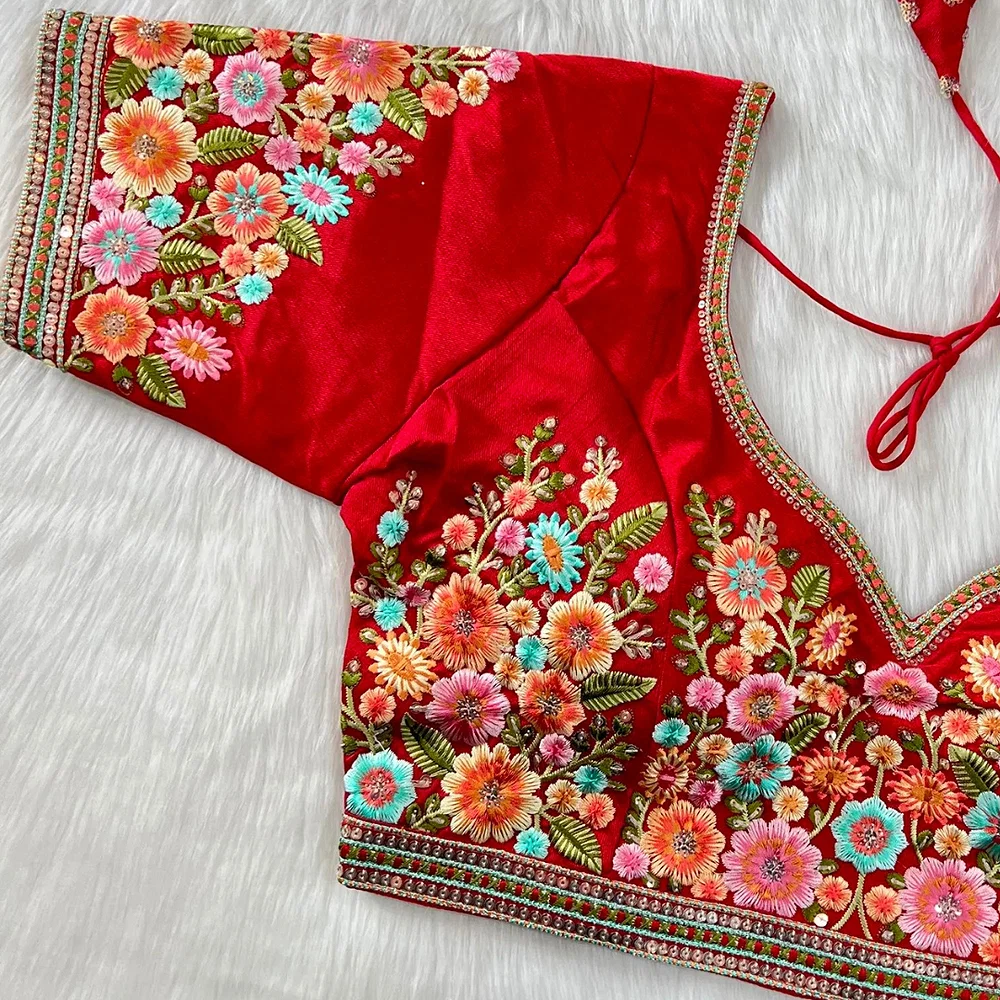 Red Color Navratri Special Nidal Multi Work Blouse in Heavy Timo Silk — view 2