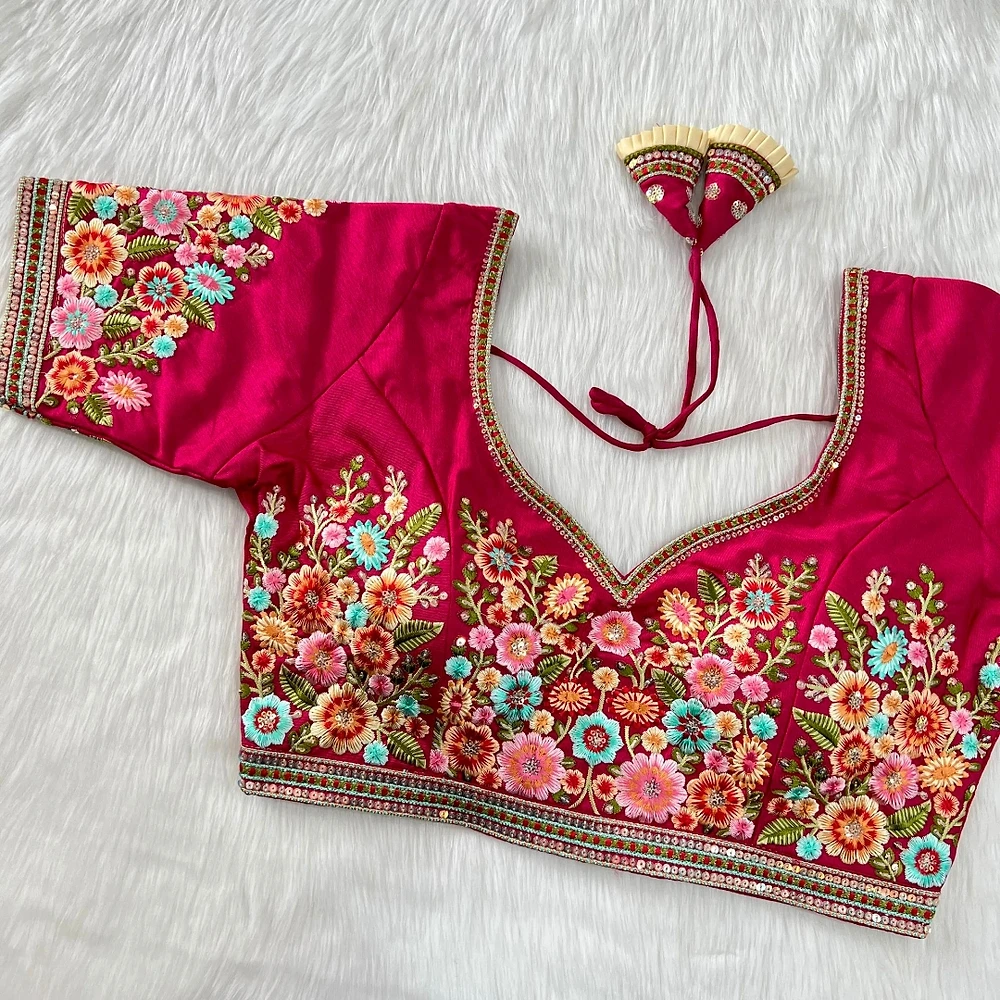 Rani Pink Color Navratri Special Nidal Multi Work Blouse in Heavy Timo Silk — view 1