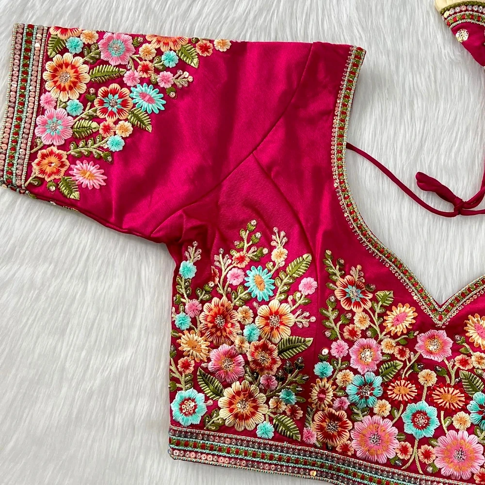 Rani Pink Color Navratri Special Nidal Multi Work Blouse in Heavy Timo Silk — view 2