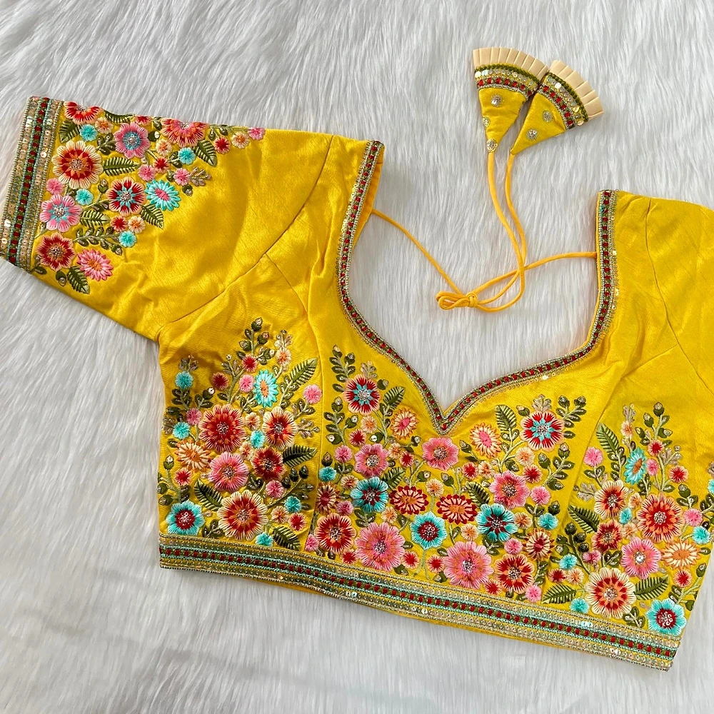 Yellow Color Navratri Special Nidal Multi Work Blouse in Heavy Timo Silk — view 1