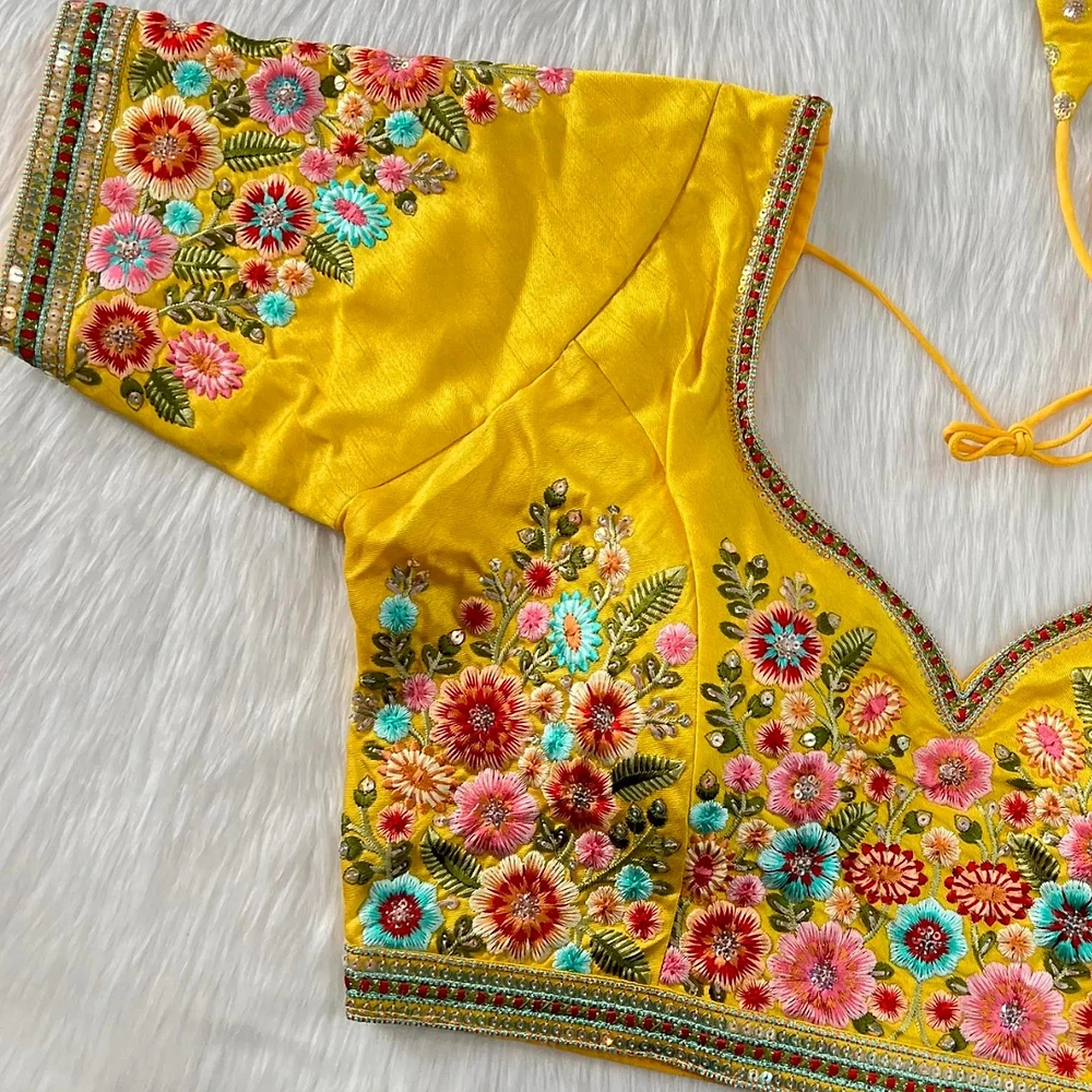 Yellow Color Navratri Special Nidal Multi Work Blouse in Heavy Timo Silk — view 2