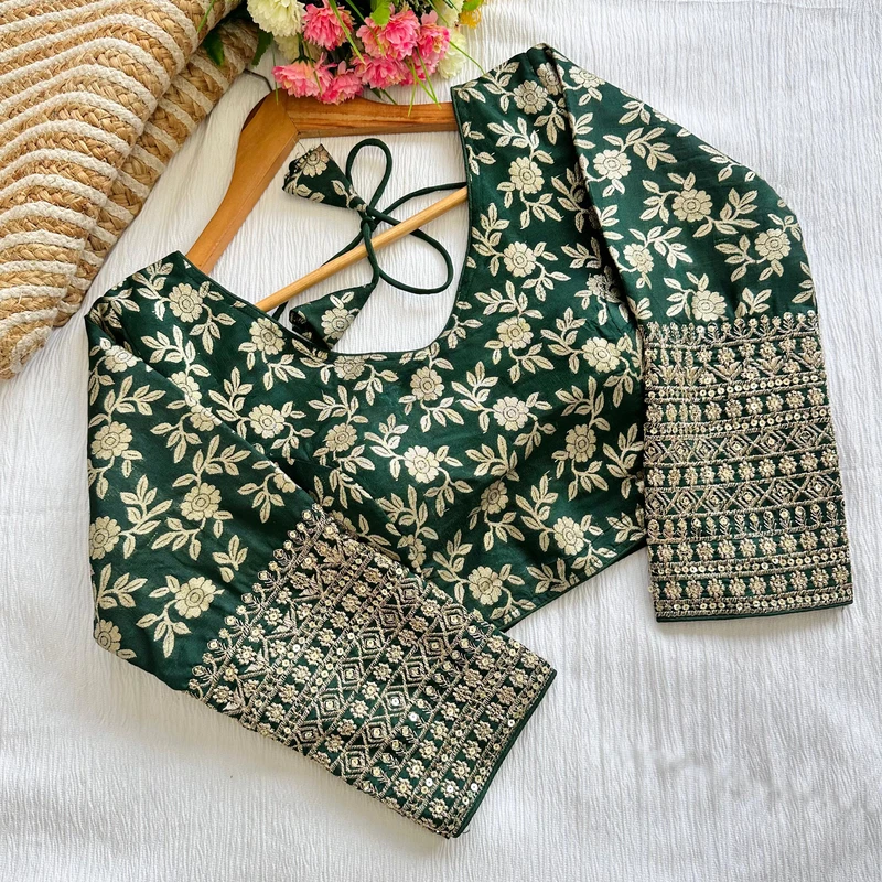 Green Beautiful Golden Zari Work Long Sleeves Blouse