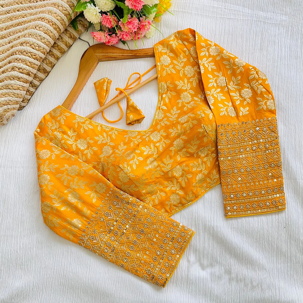 Yellow Beautiful Golden Zari Work Long Sleeves Blouse — view 1