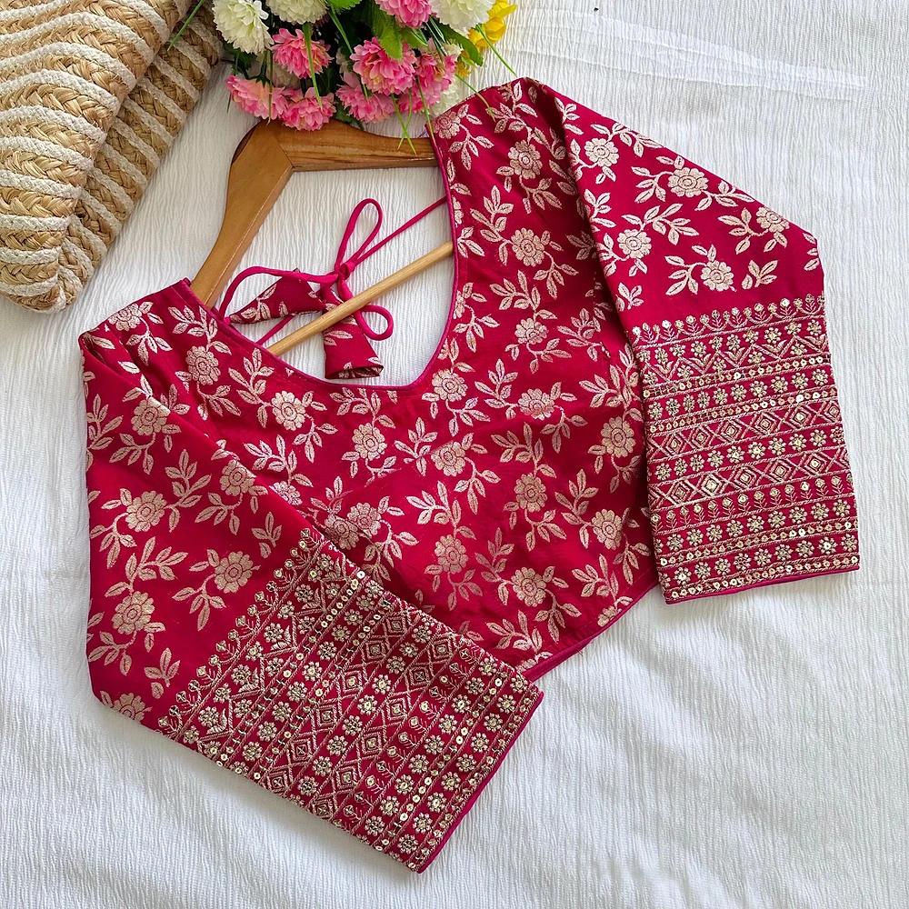 Pink Beautiful Golden Zari Work Long Sleeves Blouse — view 1