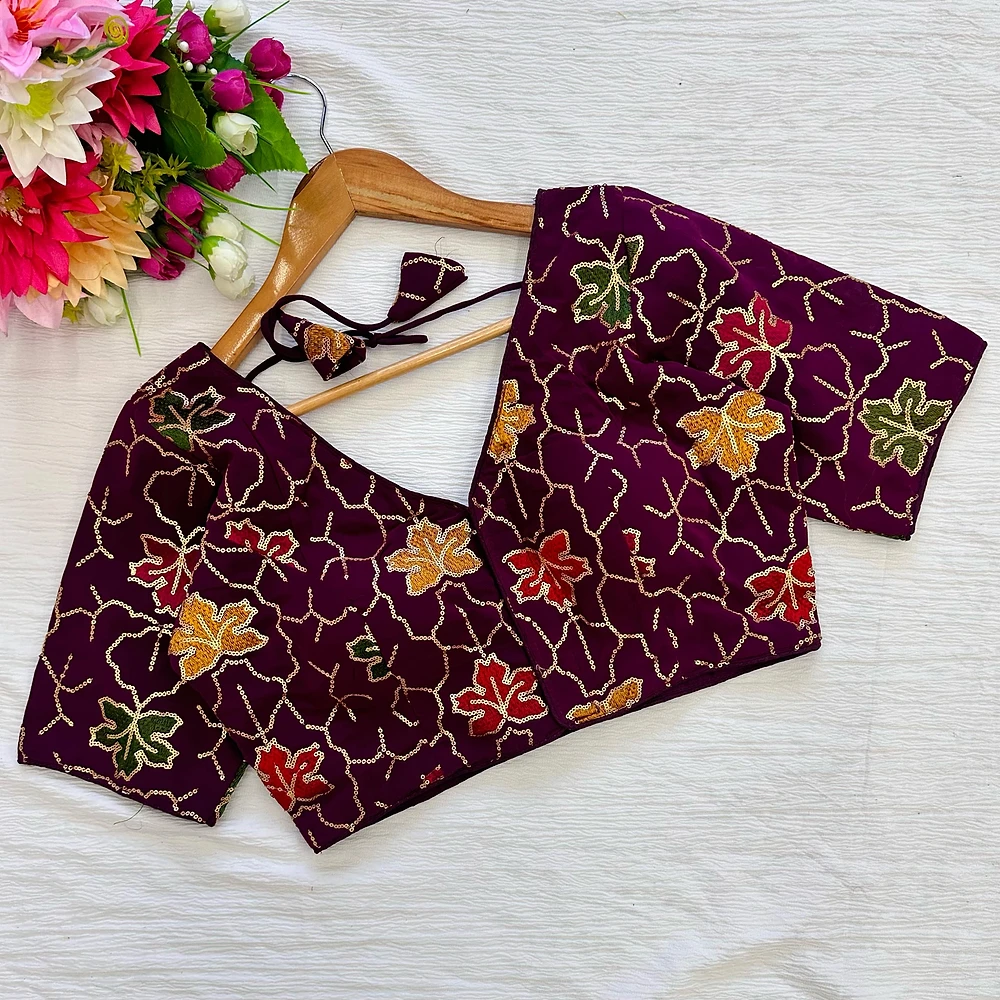 Wine Color Georgette Silk Blouse with Vibrant Embroidery — view 1
