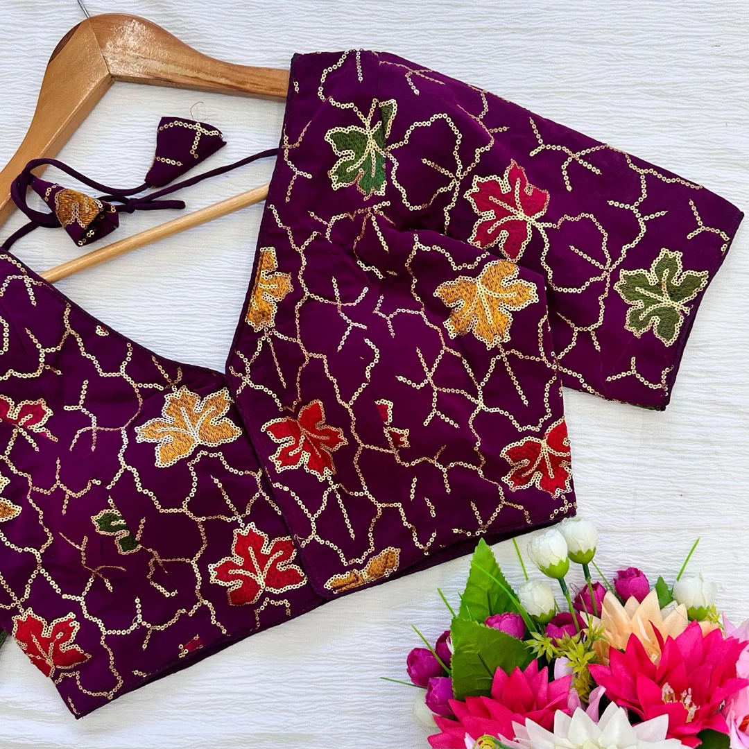 Wine Color Georgette Silk Blouse with Vibrant Embroidery