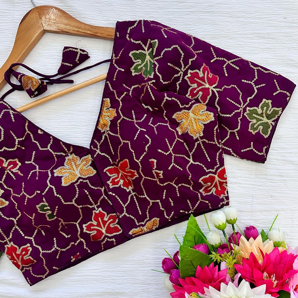 Wine Color Georgette Silk Blouse with Vibrant Embroidery — view 2