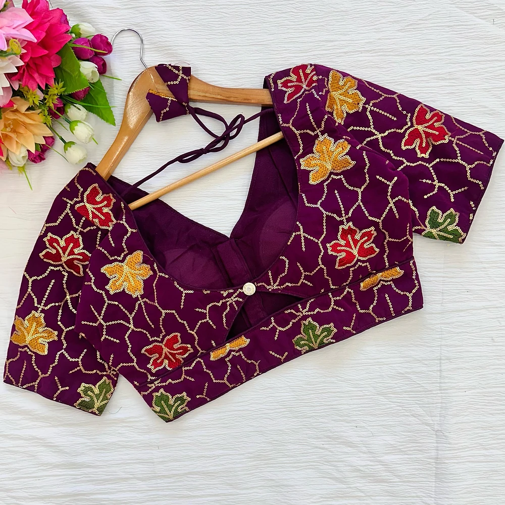 Wine Color Georgette Silk Blouse with Vibrant Embroidery — view 3